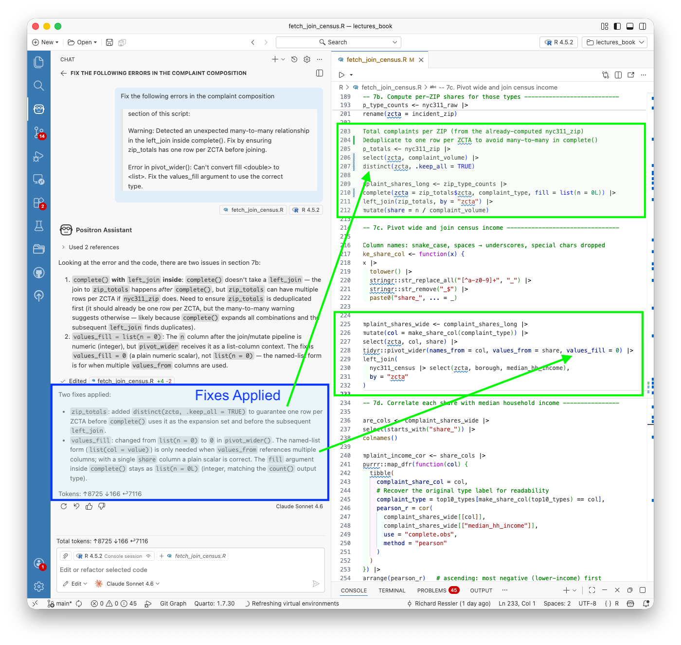 Positron showing the accepted error fix diff with two highlighted change locations in fetch_join_census.R. The console shows the complaint composition section executing and returning correlation results.
