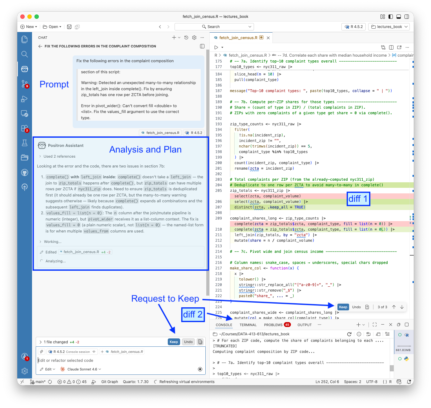 Positron Edit mode session showing the error fix prompt, the assistant's analysis identifying two root causes, and the resulting diff of plus 4 minus 2 lines in fetch_join_census.R.