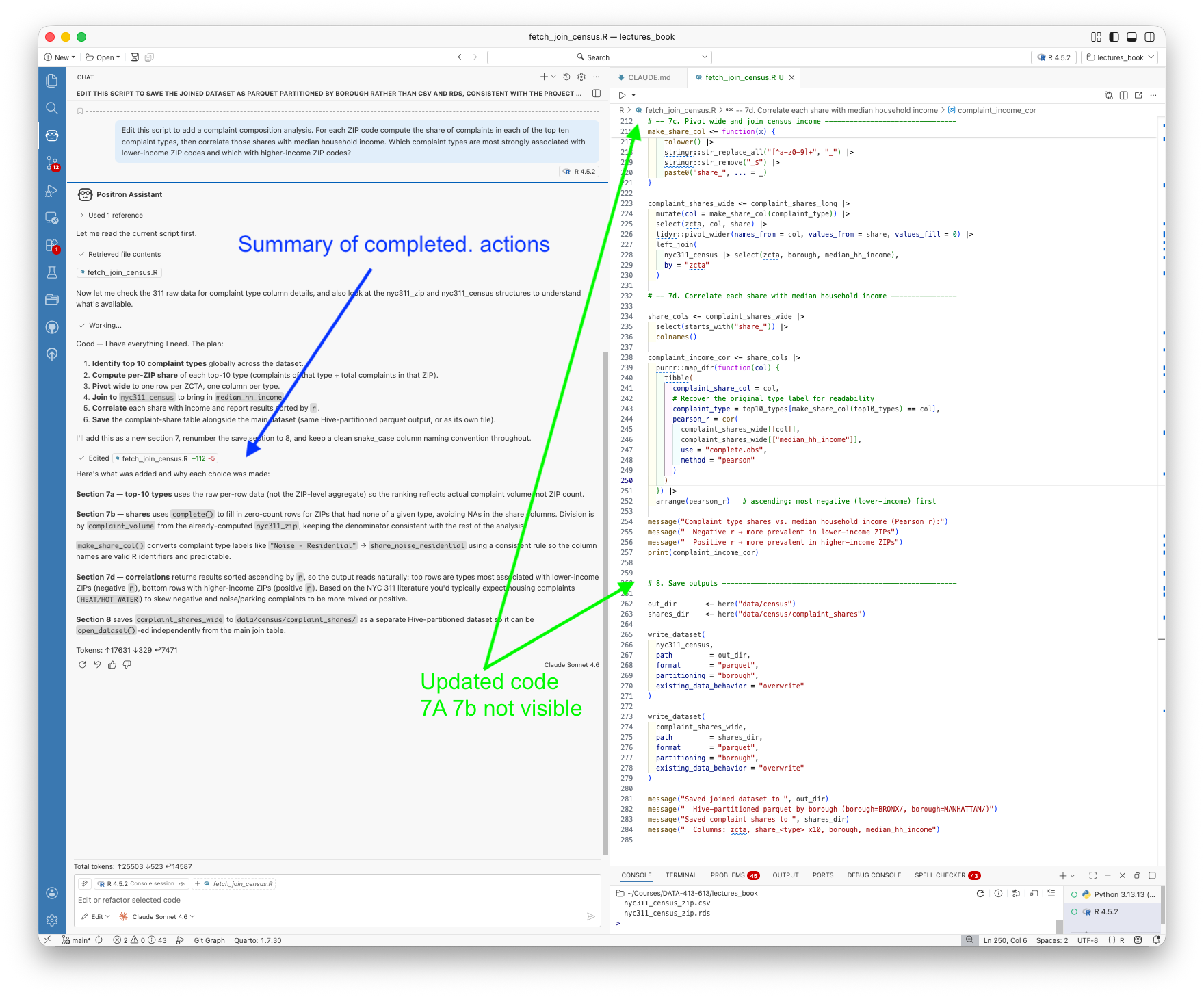 Positron showing the completed Edit mode script at line 250. Sections 7c and 7d show the pivot wide operation, the join to census income data, and the purrr correlation loop. Section 8 shows two write_dataset calls saving to data/census/ and data/census/complaint_shares/ respectively, both partitioned by borough.