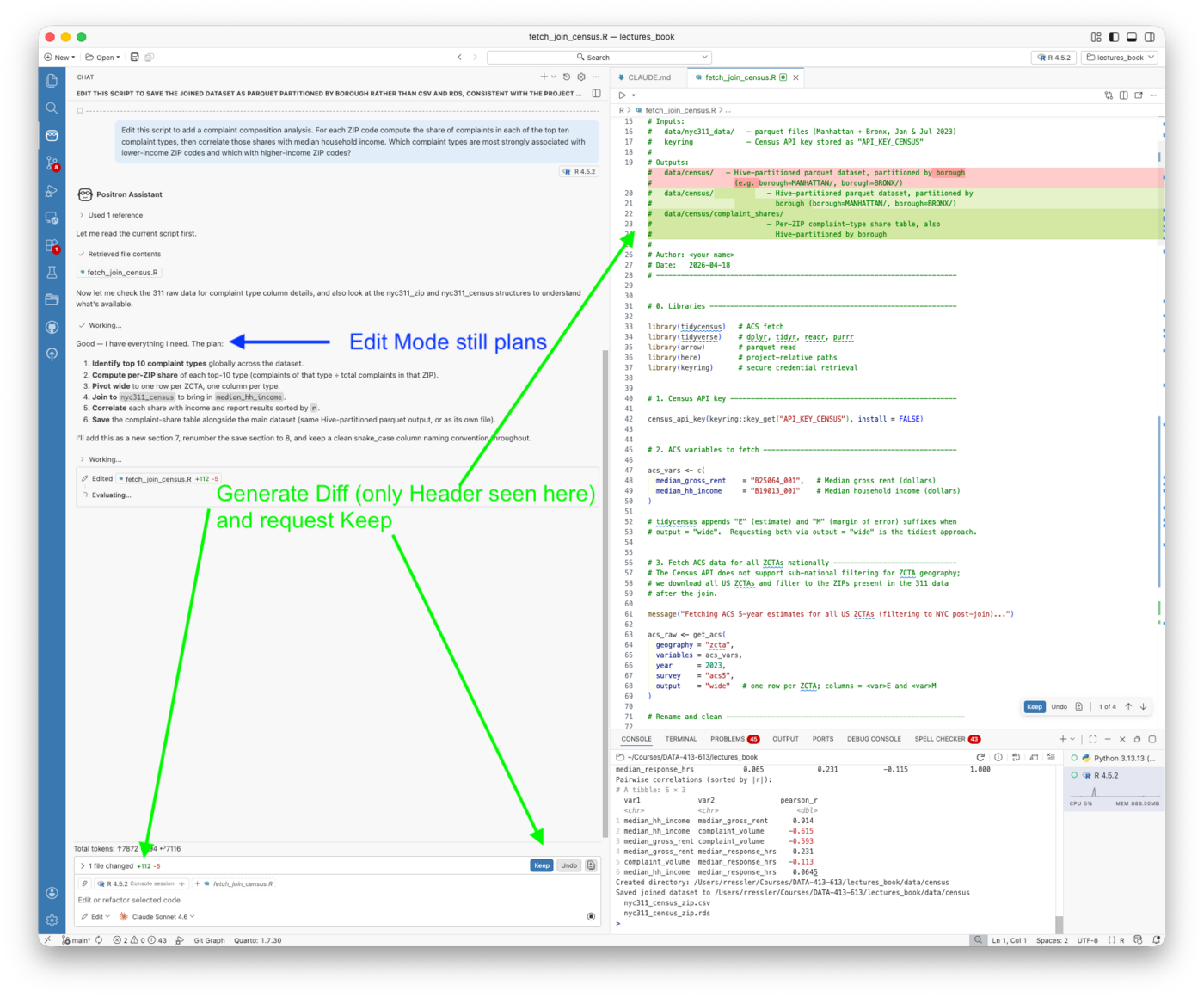 Positron Edit mode session showing the complaint composition analysis edit. The chat panel shows a five-step analytical plan followed by a diff marker of +112 lines added and 5 removed. The script header in the editor shows the new data/census/complaint_shares output path added in green alongside the existing parquet output paths.