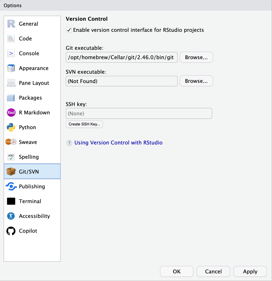 Image of RStudio Global Options Git/SVN pane.