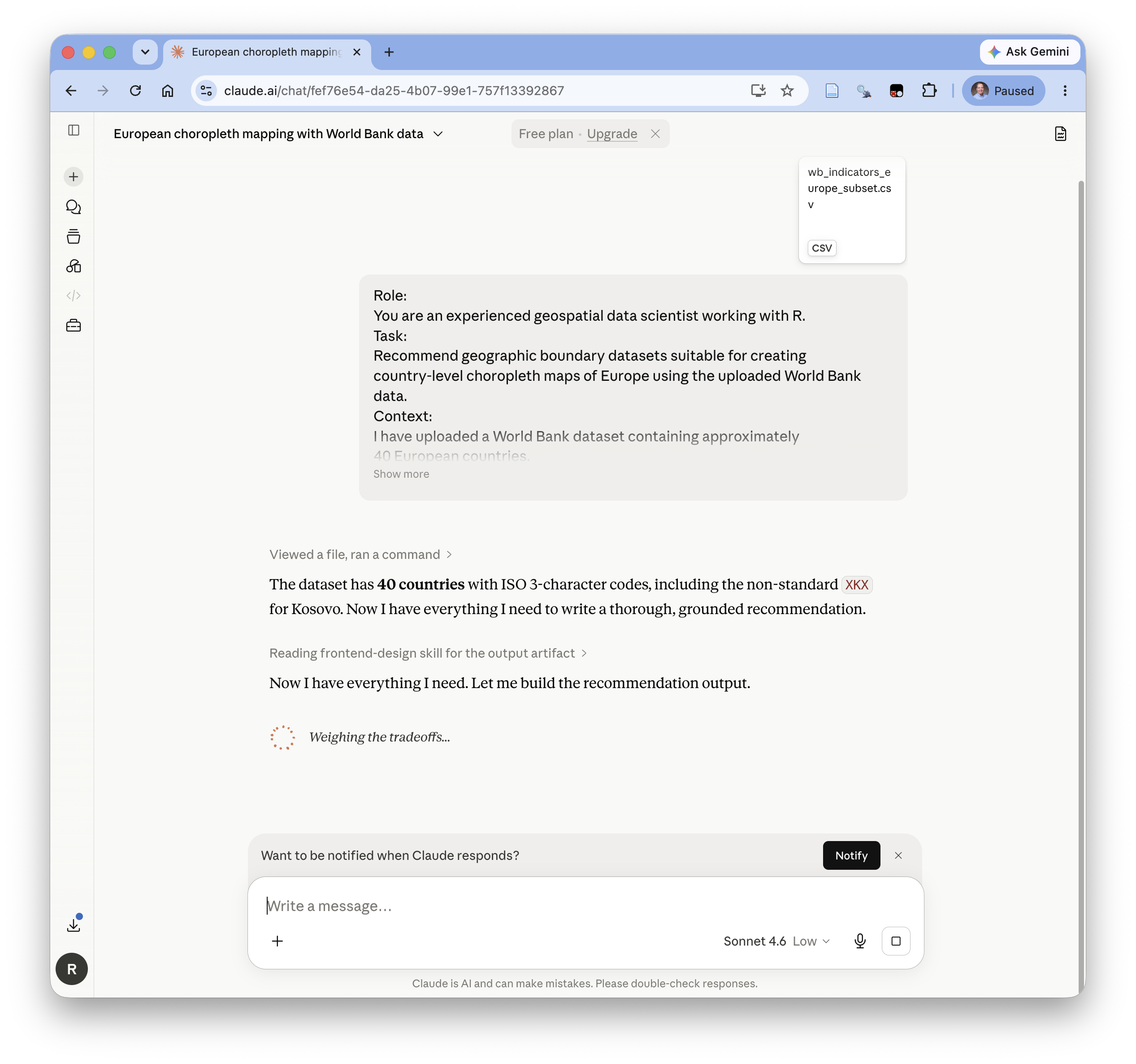 Screenshot of Claude.ai processing an uploaded World Bank dataset. The interface shows the structured prompt and status messages indicating that Claude inspected the file, extracted relevant information about the countries in the dataset, identified Kosovo's XKX code as a special case, and is evaluating alternatives before generating recommendations. The messages illustrate agent behaviors such as acting, evaluation, planning, and tool use.