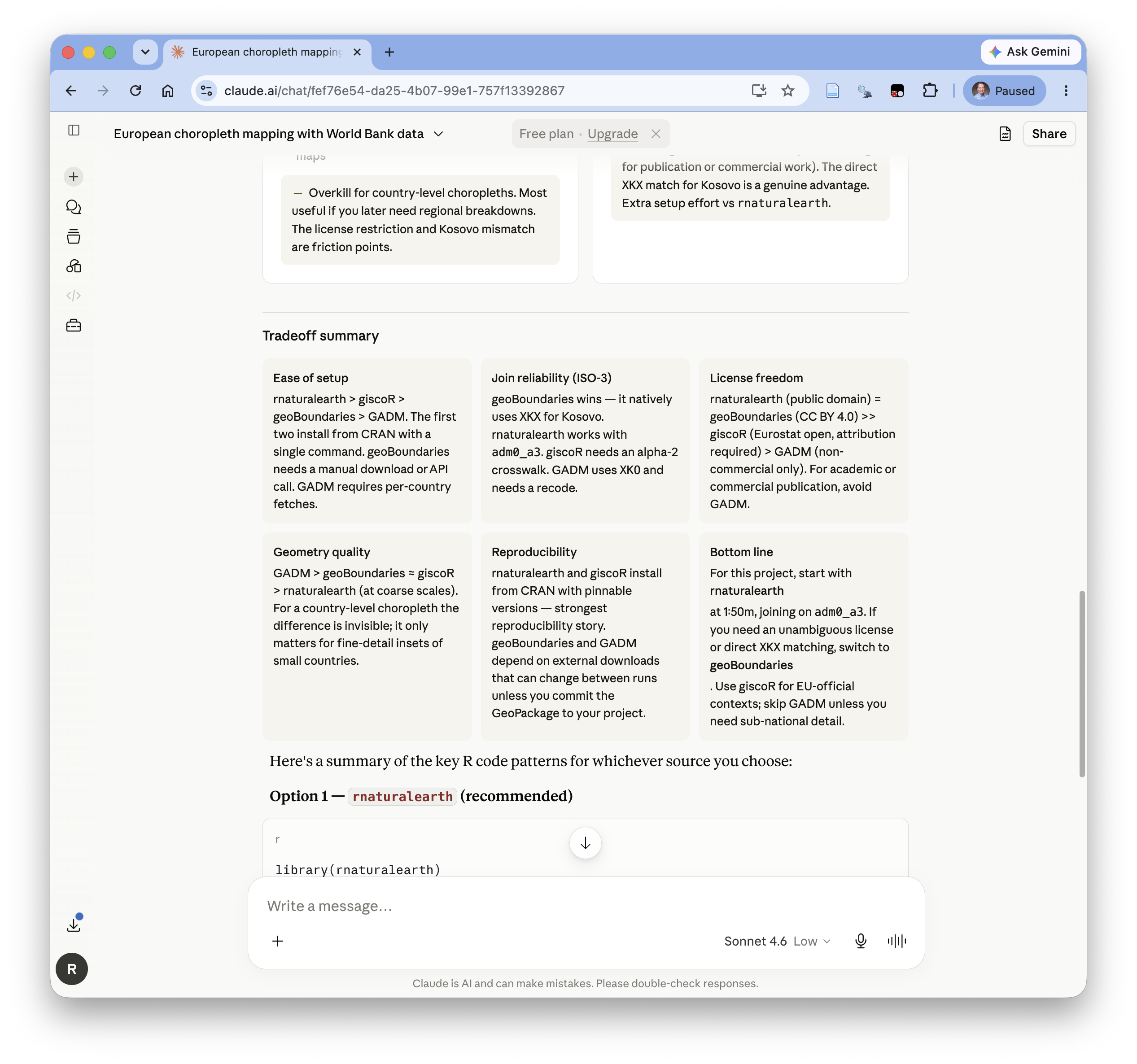 Screenshot of Claude.ai presenting a structured evaluation of several geographic boundary datasets. The response compares alternative sources across multiple criteria, including licensing, country-code compatibility, data quality, and reproducibility. After discussing tradeoffs, Claude recommends a preferred dataset and begins generating R code to implement the solution.