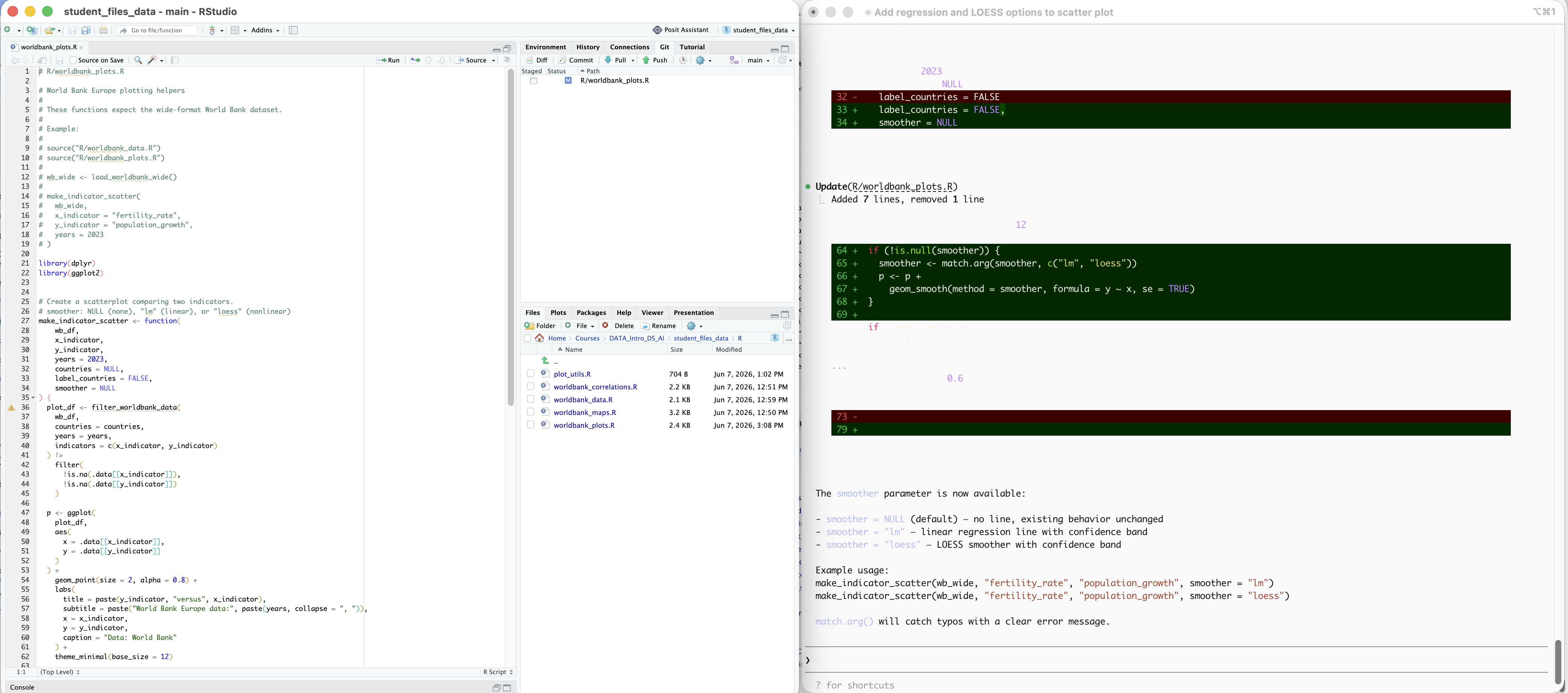 RStudio displaying the updated worldbank_plots.R file alongside Claude Code’s summary of the completed modifications. The new smoother parameter supports NULL, linear regression, and LOESS smoothing options.