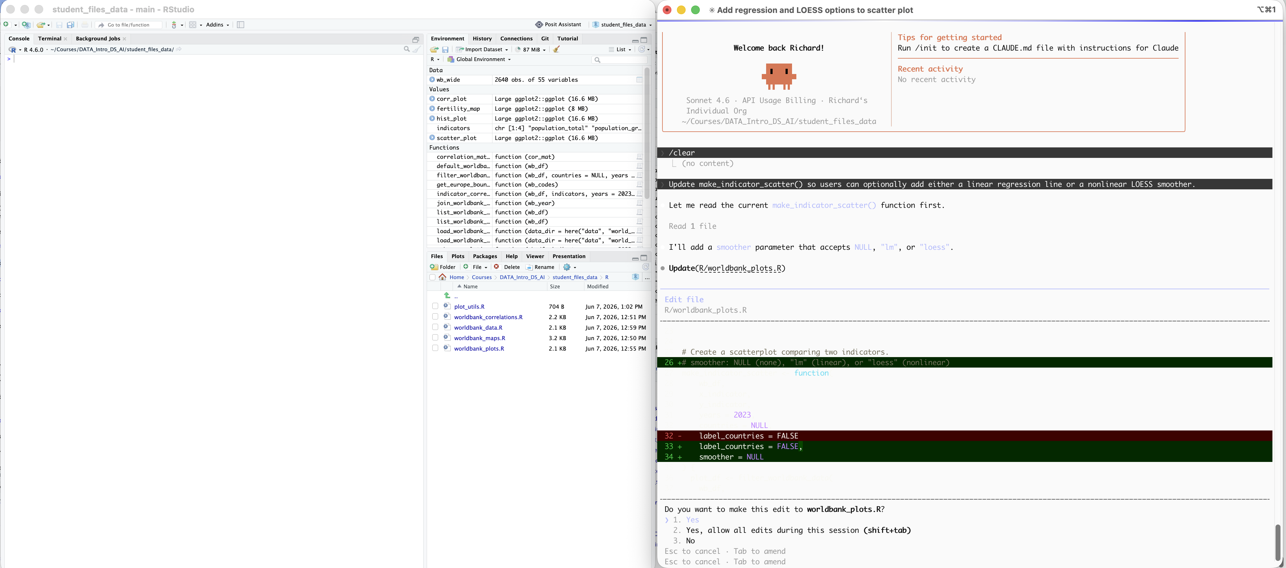 Claude Code displaying a proposed edit to worldbank_plots.R. The diff view highlights the addition of a smoother argument supporting linear and LOESS smoothers, while RStudio shows the project files and functions available in the repository.