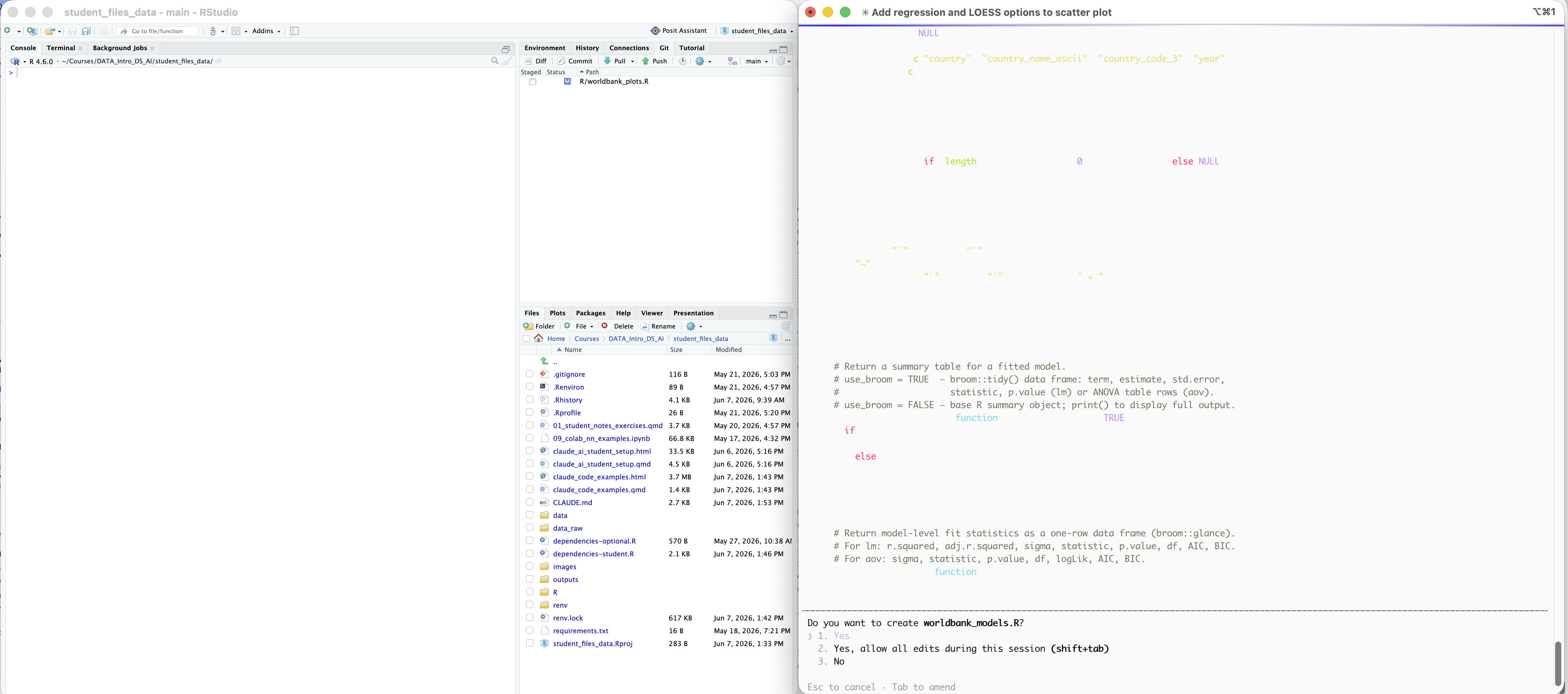 Claude Code displaying a proposed new file named worldbank_models.R. The agent explains that it reviewed existing helper scripts to understand project conventions before generating a new modeling module containing linear model and ANOVA helper functions.