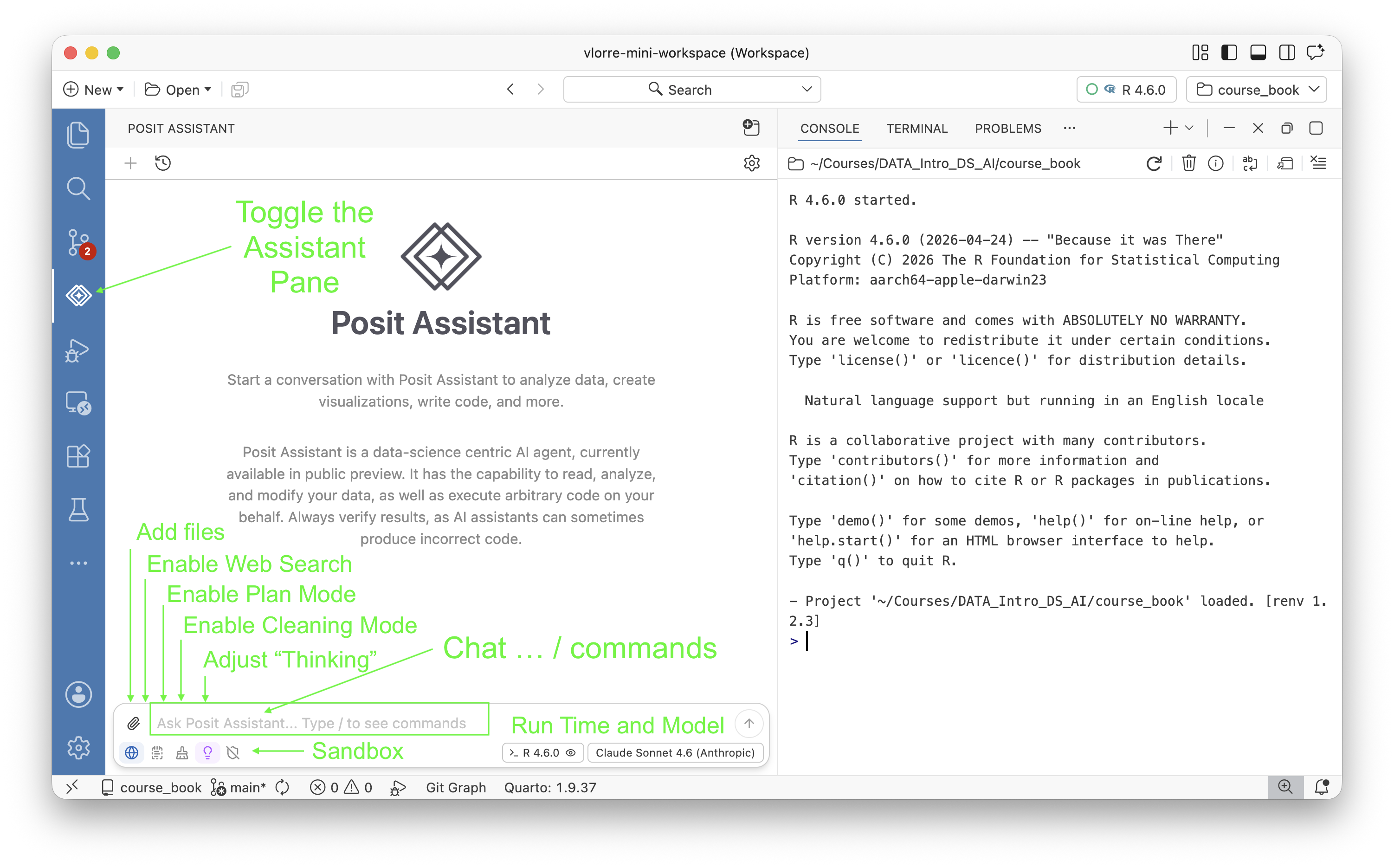 Positron showing the Posit Assistant chat panel on the left, and an R console on the right. Annotations indicate the icons on the activity bar and at the bottom of the chat pane.