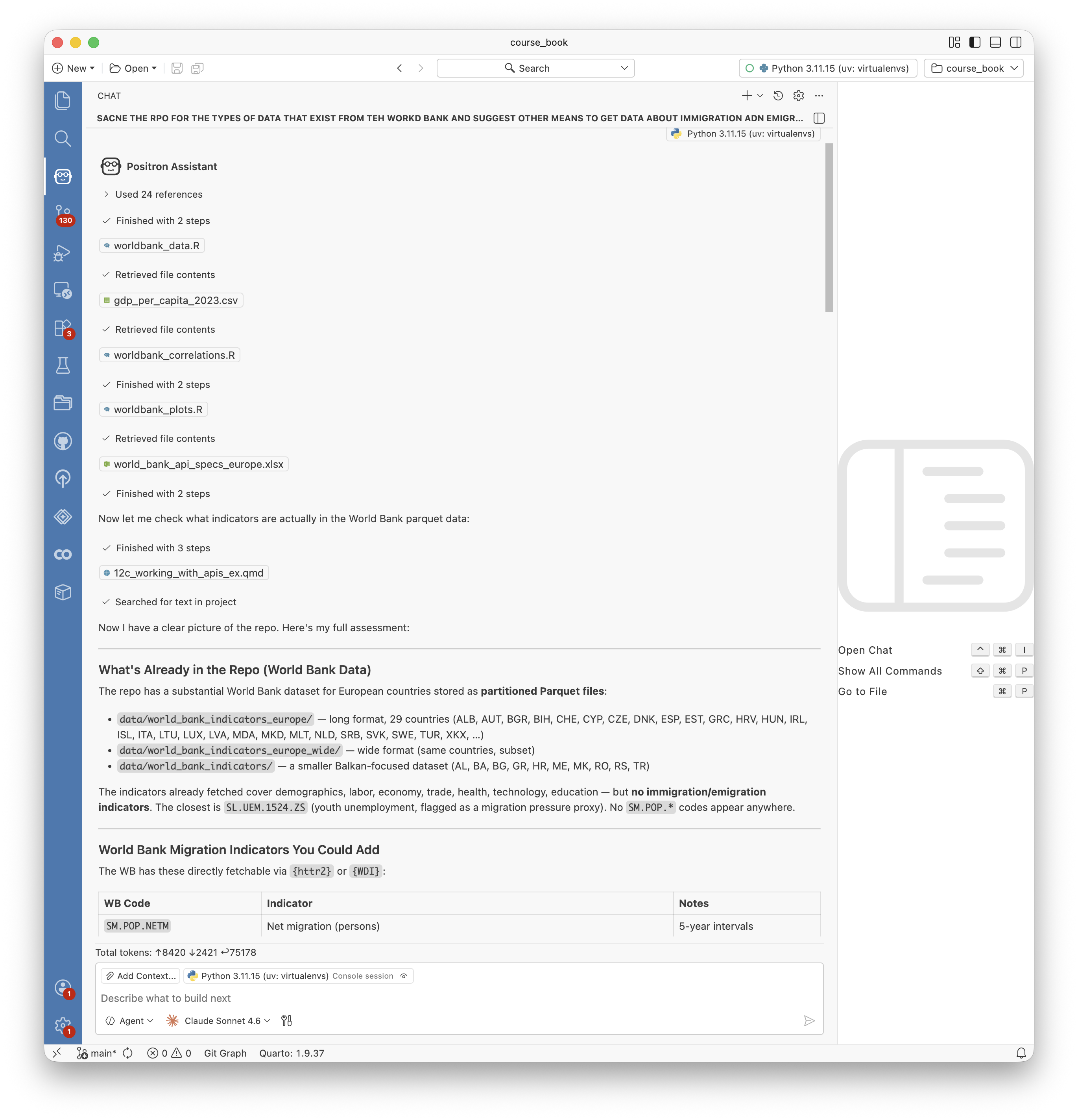 Positron Assistant in Agent mode reviewing multiple repository files and displaying an activity log of automated file inspection and search operations.