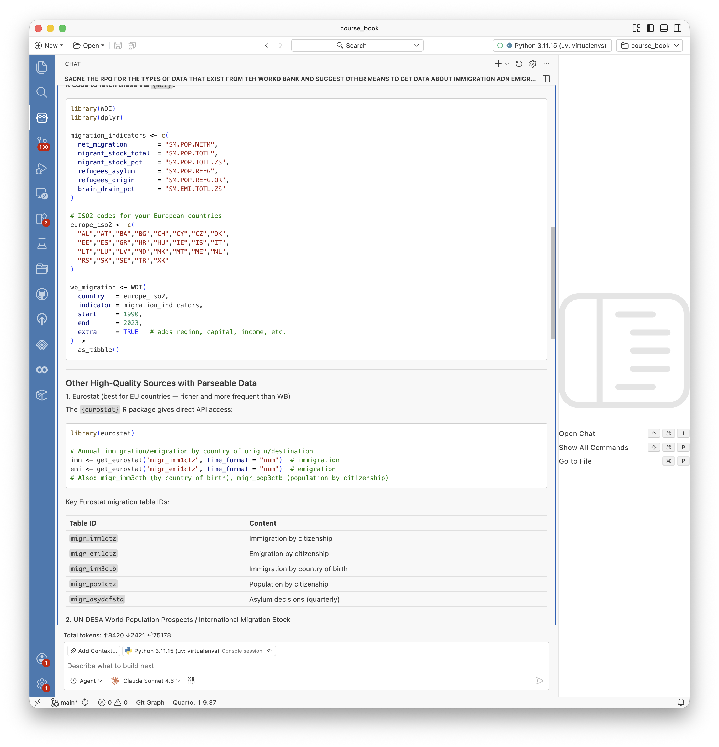 Assistant response summarizing migration data sources and showing example R code for downloading or processing migration datasets.