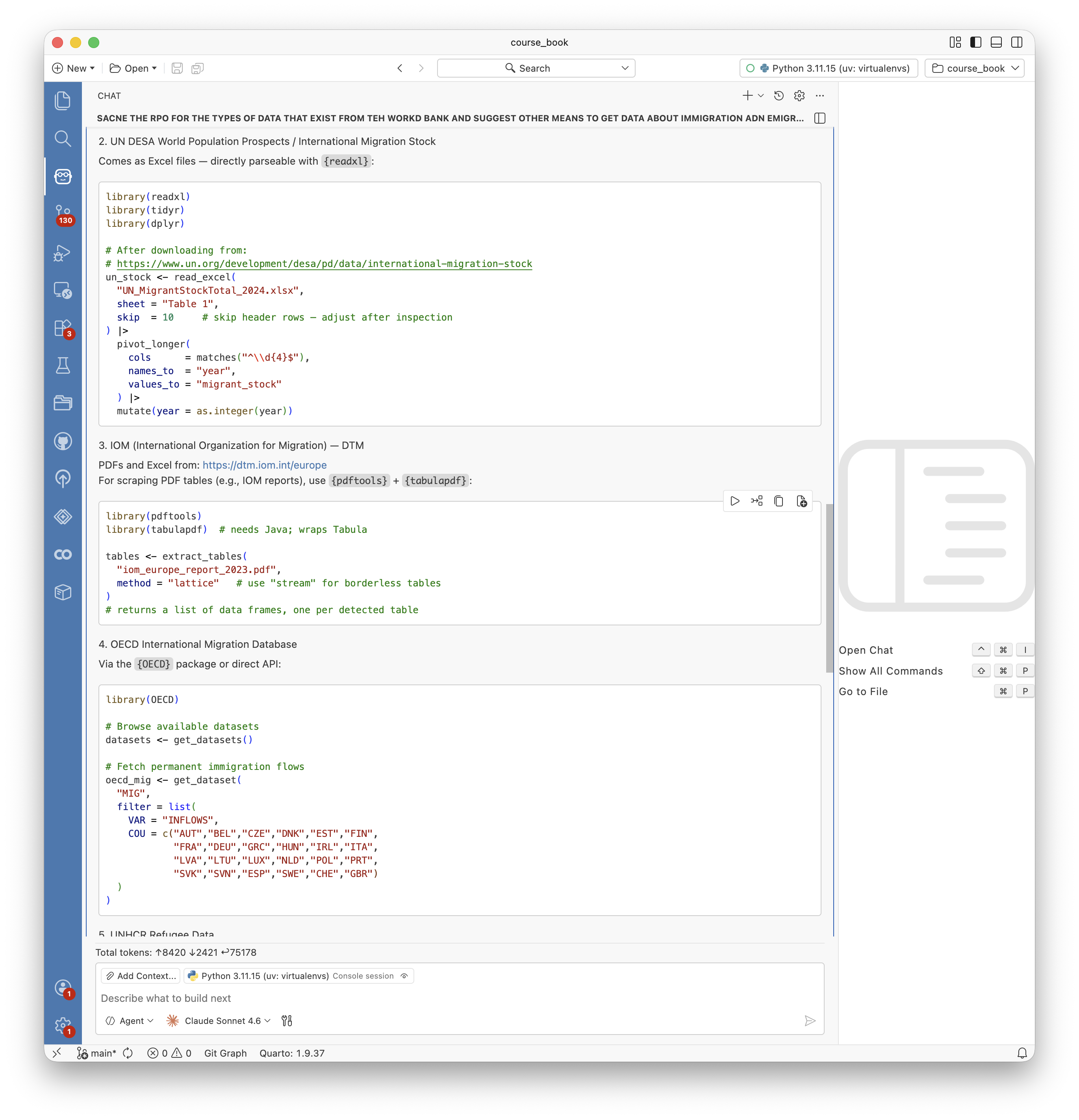 Editor window displaying a newly generated R script for downloading and processing World Bank migration indicators.